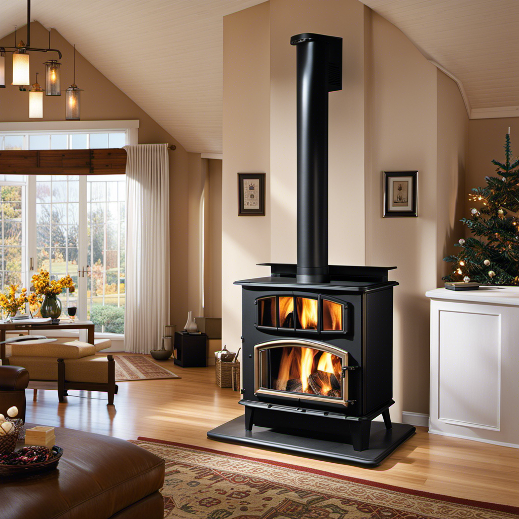 An image showcasing the sleek 2006 Englander 10-Cpm Corn Wood Pellet Stove, emanating a cozy heat with its radiant flame, while surrounded by a warm, inviting living room setting