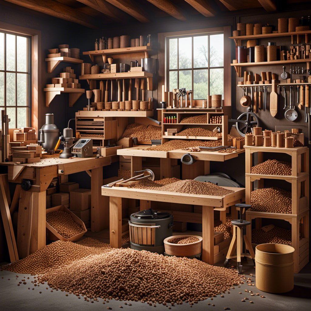 An image showcasing a carpenter's workbench with a self-made wood pellet machine, surrounded by piles of various wood types and tools