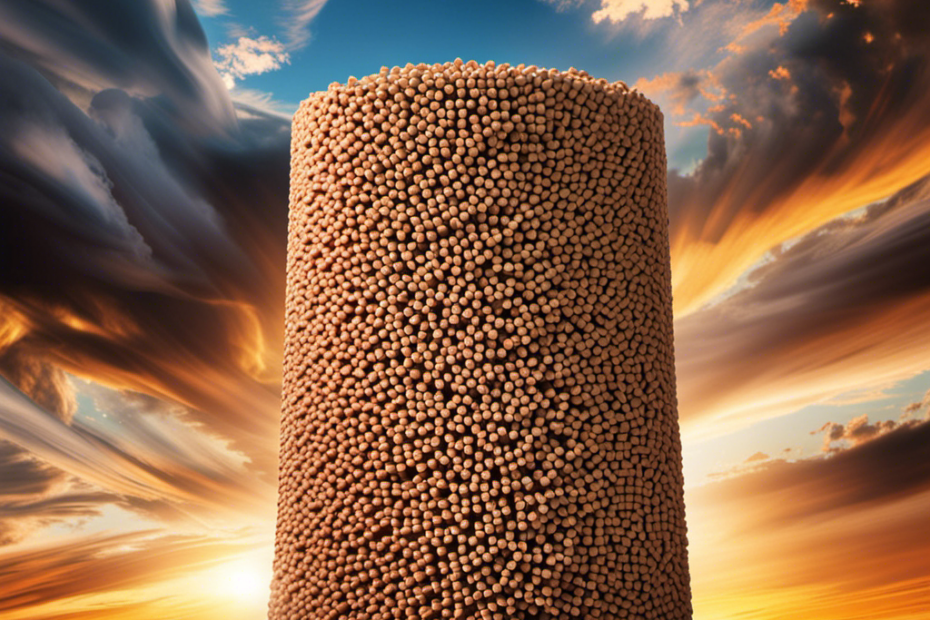 An image showcasing a towering stack of wood pellets, stretching towards the sky, surrounded by a bustling industrial setting
