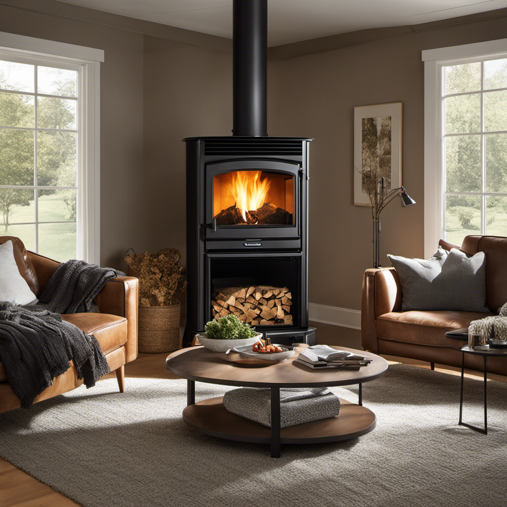 An image capturing the cozy scene of a wood pellet stove, radiating warmth and surrounded by a TV mounted on a wall nearby, their proximity effortlessly blending comfort and technology