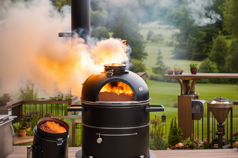 An image showcasing a wood pellet smoker's mechanism in action: glowing pellets being fed into the fire pot, smoke billowing from the chimney, while a digital control panel adjusts temperature and fans circulate heat and flavor throughout the cooking chamber