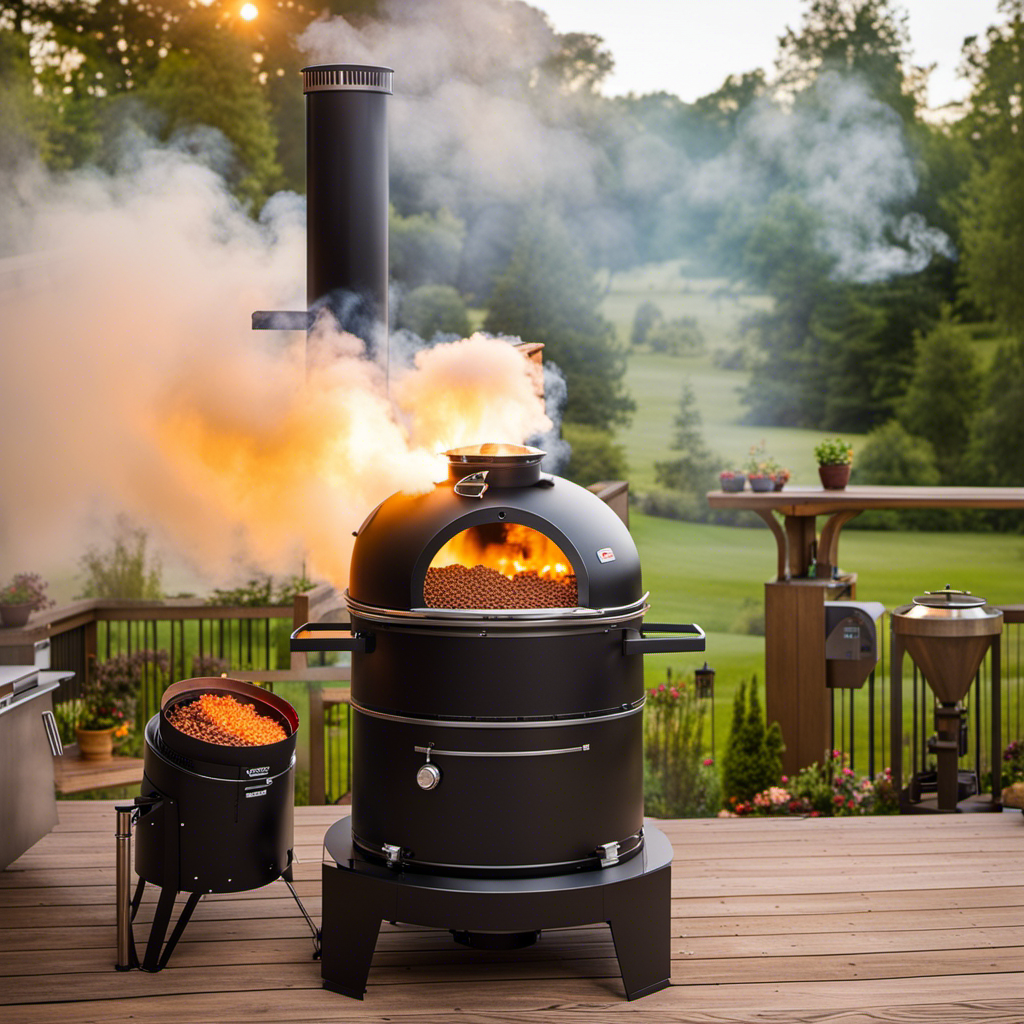An image showcasing a wood pellet smoker's mechanism in action: glowing pellets being fed into the fire pot, smoke billowing from the chimney, while a digital control panel adjusts temperature and fans circulate heat and flavor throughout the cooking chamber