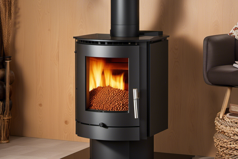 An image that showcases the intricate mechanics of a wood pellet stove, depicting the process of wood pellets being fed into a combustion chamber, where they are ignited, producing radiant heat, and finally, emitting warm air through a vent