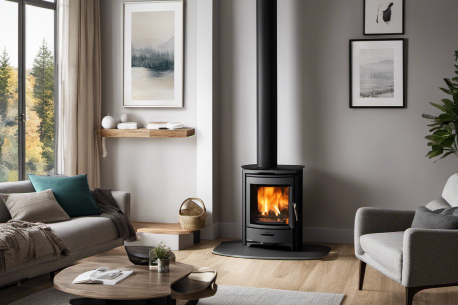 An image showcasing a cozy living room with a modern wood pellet stove as its focal point