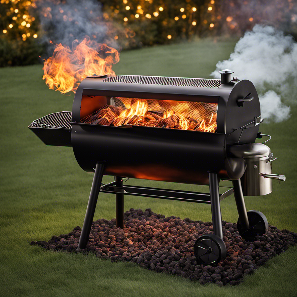 An image depicting a wood pellet grill surrounded by billowing smoke, showcasing the glowing red-hot pellets within the fire pot