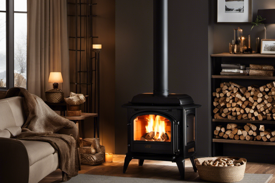 An image capturing the essence of a cozy living room, featuring a blazing pellet stove radiating warmth