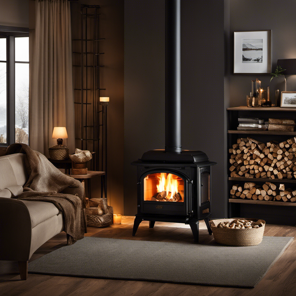 An image capturing the essence of a cozy living room, featuring a blazing pellet stove radiating warmth