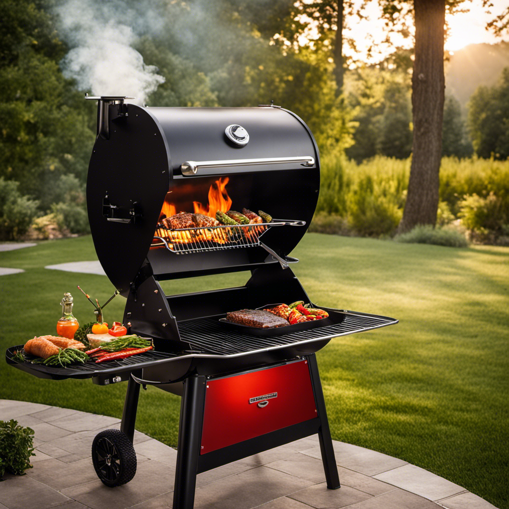 An image showcasing a wood pellet grill in action, with billowing smoke and vibrant flames