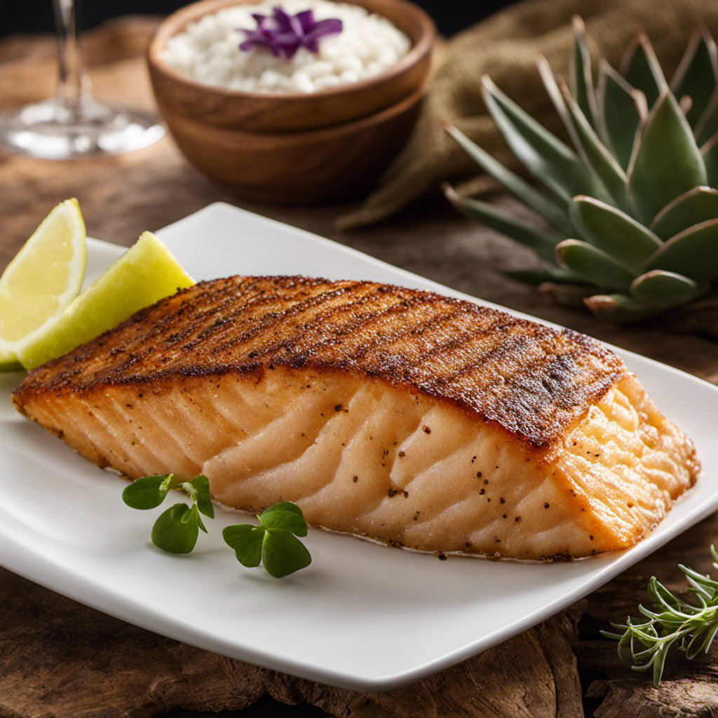An image showcasing a succulent, thick fish fillet perfectly seared on a wood pellet grill