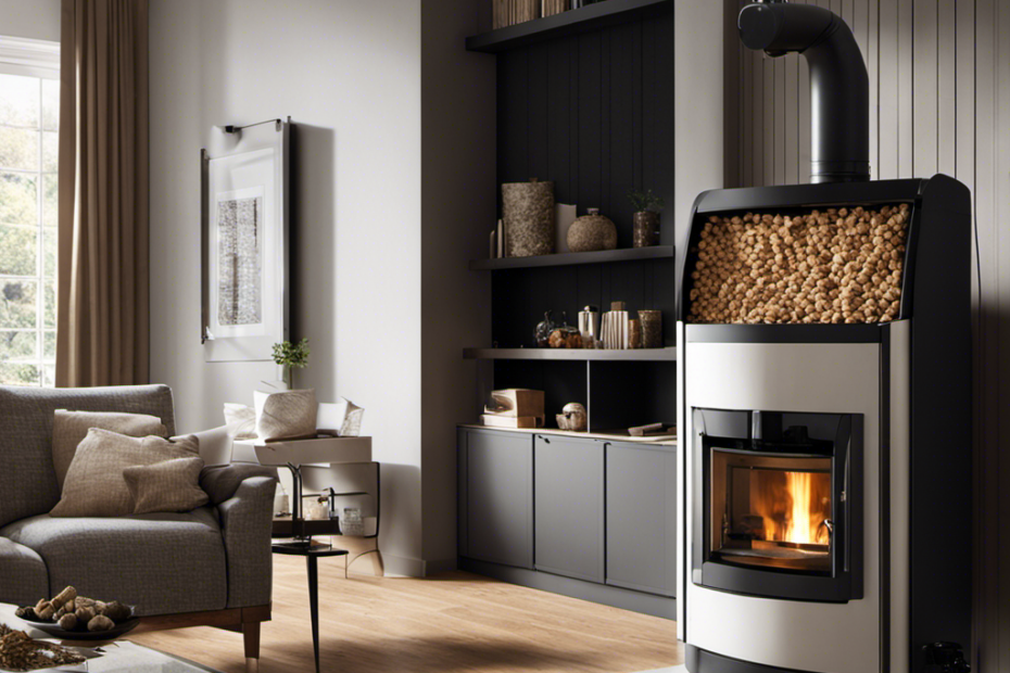 An image showcasing a cozy living room with a modern pellet boiler, surrounded by neatly stacked tons of wood pellets, illustrating the enormous quantity required to fuel the system throughout the winter