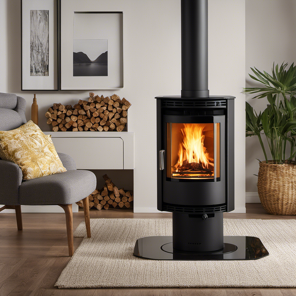 An image showcasing a cozy living room environment with a modern wood pellet stove as the focal point