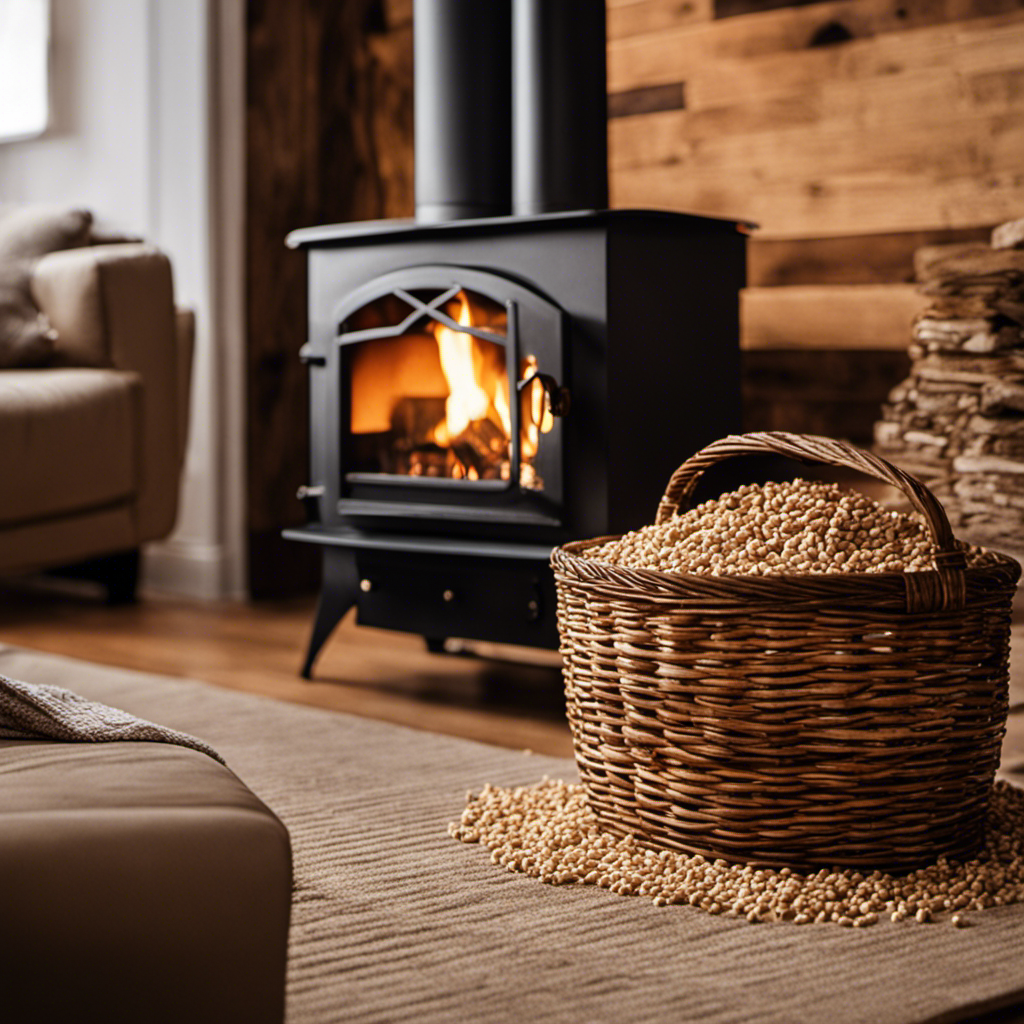 An image showcasing a stack of premium wood pellets neatly arranged in a rustic wicker basket against a backdrop of a cozy living room with a pellet stove, emanating warm golden hues