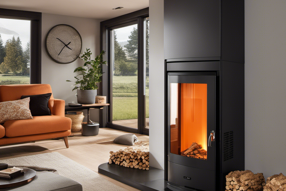 An image of a cozy living room with a modern wood pellet boiler furnace at its center, emitting a gentle orange glow