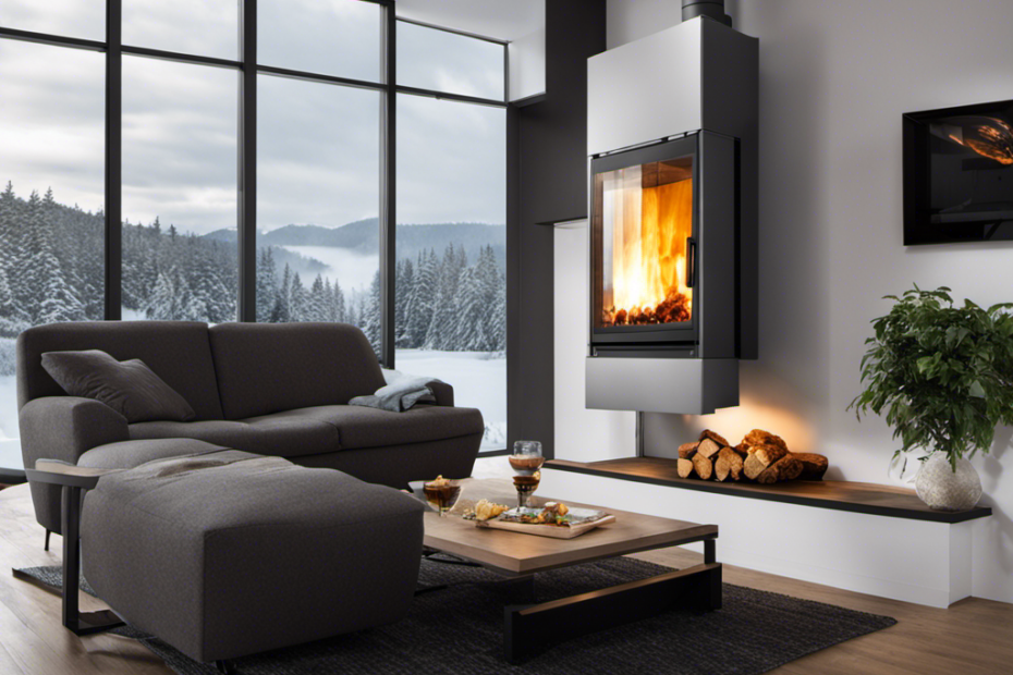 An image depicting a modern living room with a Kedel RTB102 wood pellet furnace installed, showcasing its sleek design and efficient heating capabilities