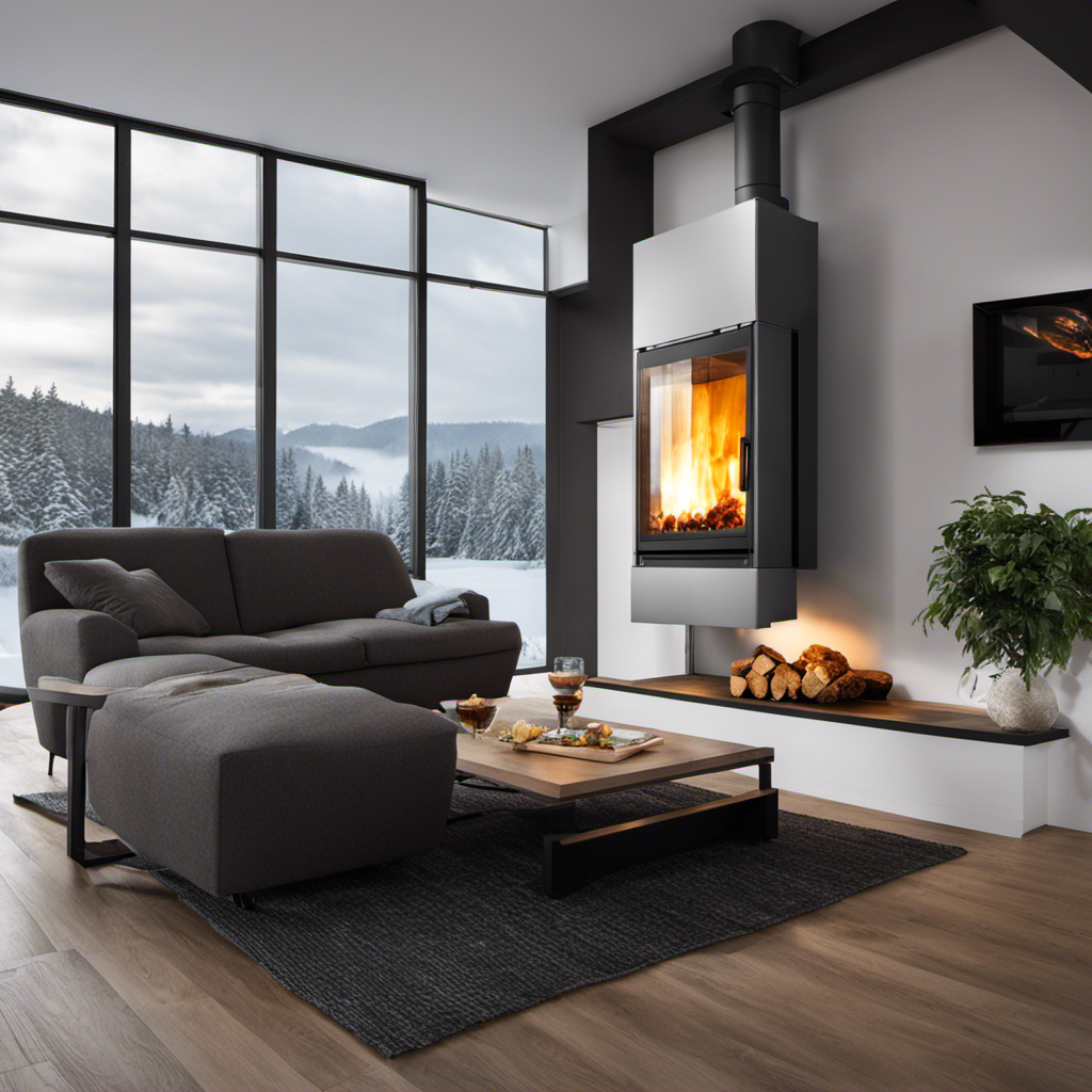 An image depicting a modern living room with a Kedel RTB102 wood pellet furnace installed, showcasing its sleek design and efficient heating capabilities