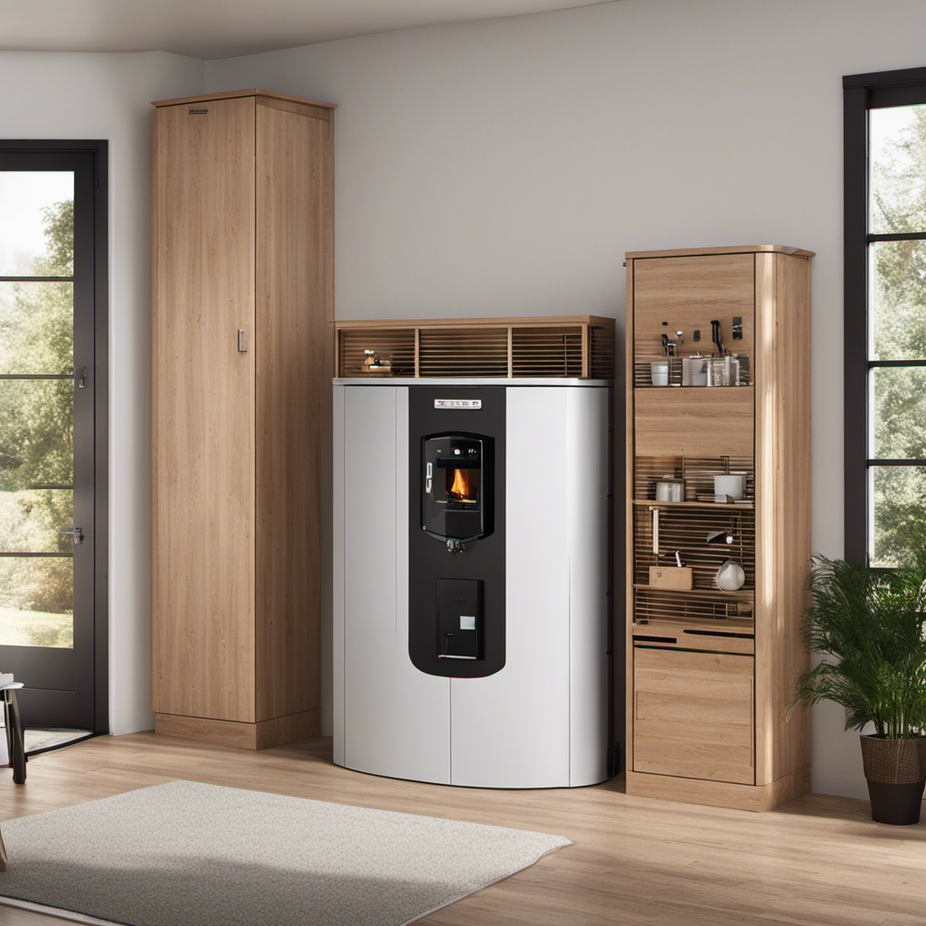 An image showcasing a modern wood pellet boiler system nestled in a cozy utility room, displaying its intricate components, sleek design, and a price tag subtly visible in the corner
