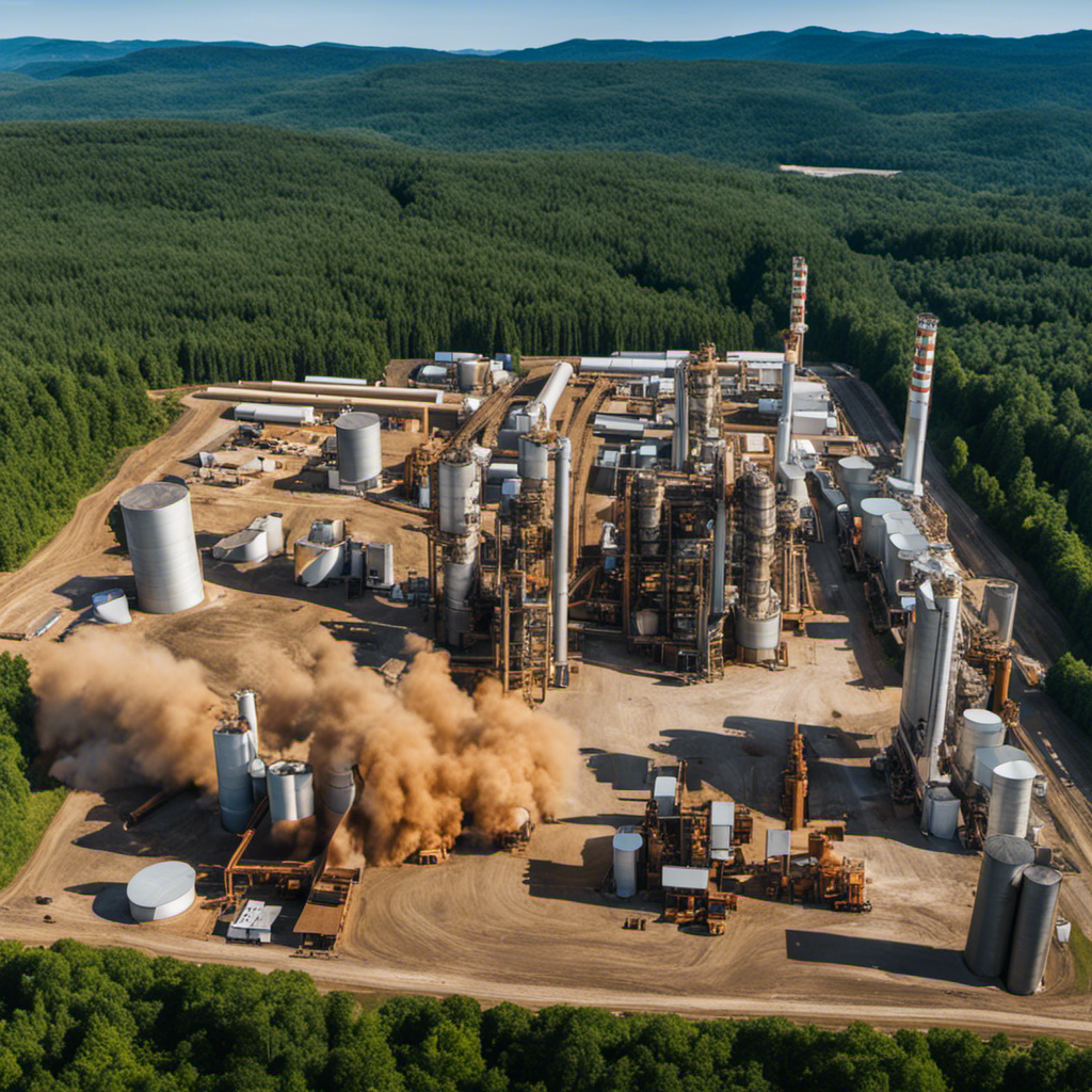 An image showcasing a sprawling wood pellet manufacturing facility bustling with activity
