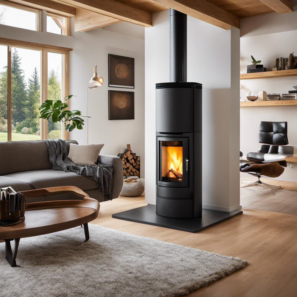 An image showcasing a cozy living room with a modern wood pellet stove as the focal point