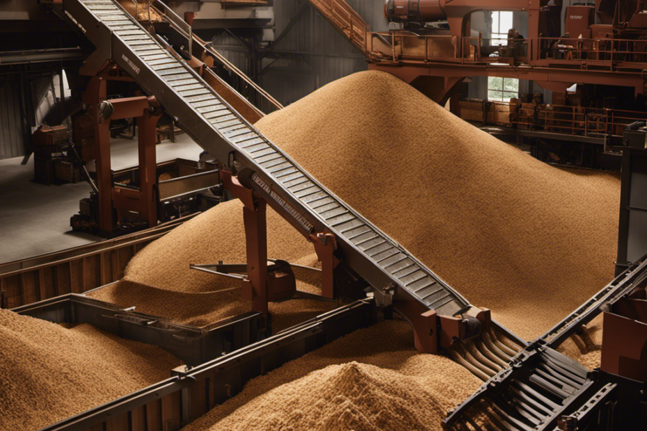 An image that showcases a bustling wood pellet mill, surrounded by towering stacks of freshly cut logs, a conveyor belt transporting the feedstock, and workers diligently feeding the mill with an abundance of wood chips and sawdust