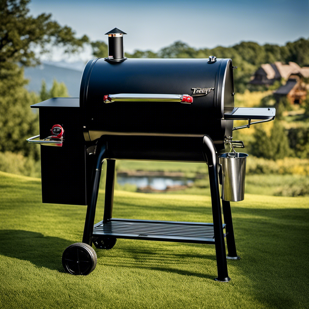 An image showcasing a sleek Traeger Wood Pellet Grill, with its stainless steel exterior glistening under the warm sunlight, surrounded by a tantalizing spread of perfectly grilled juicy steaks, colorful vegetables, and smoky aromatic flavors in the air