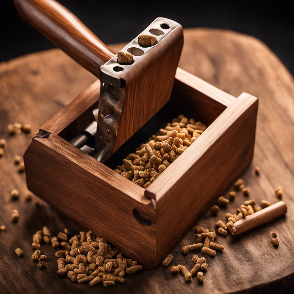 An image showcasing a wooden vice tightly squeezing a wood pellet, emphasizing the force applied through the vice's handles and the pellet's visible compression