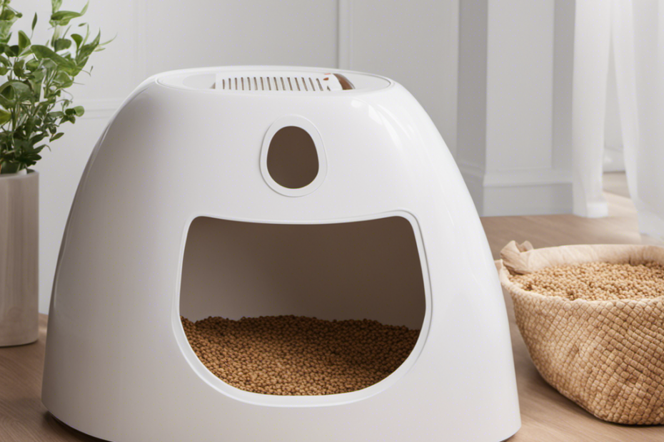 An image showcasing a cat's litter box filled with a precise amount of wood pellet litter