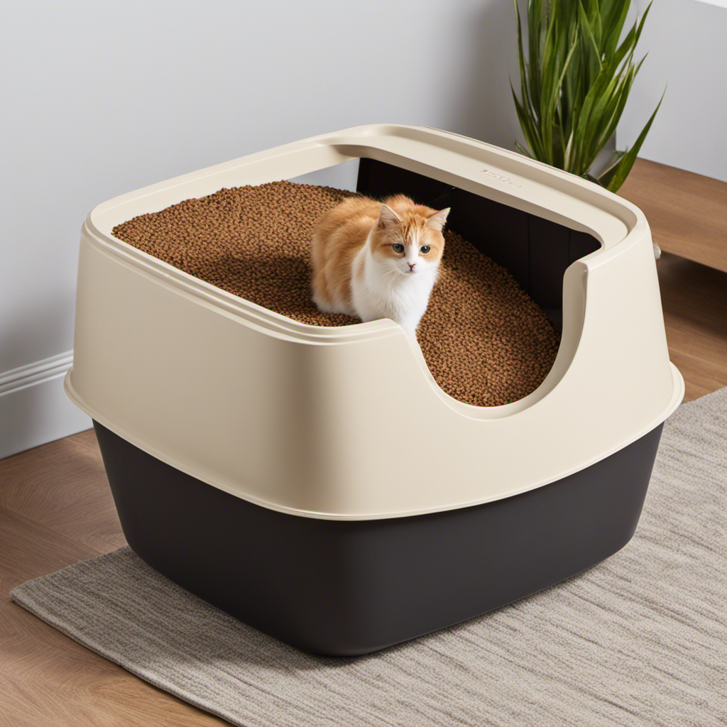 an image of a pristine, spacious litter box filled with fresh wood pellet cat litter