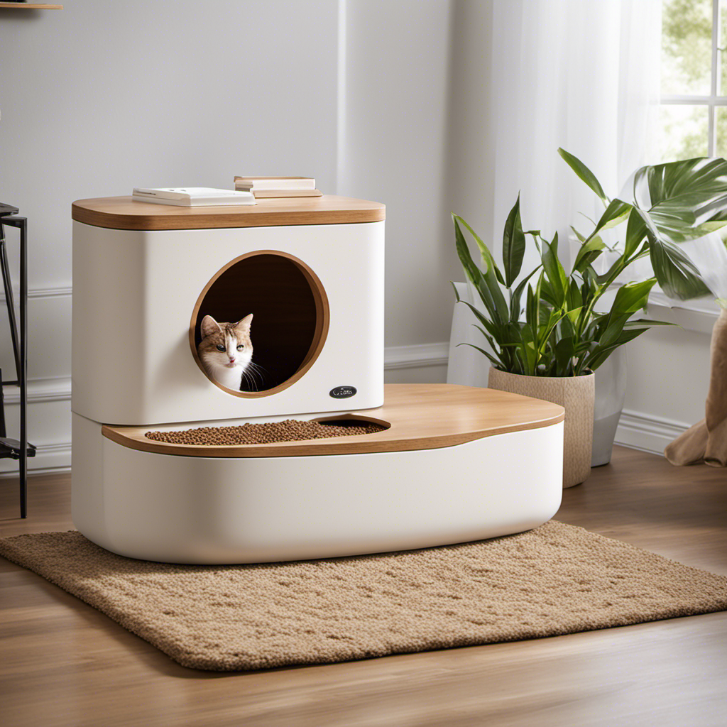 An image capturing a serene cat litter box with fresh wood pellet litter, showcasing a timer set to a recommended interval, surrounded by a calendar and a scoop nearby