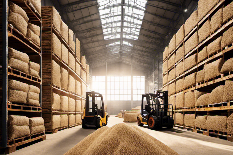 An image showcasing a bustling warehouse filled with neatly stacked bags of wood pellets, as forklifts transport them onto trucks