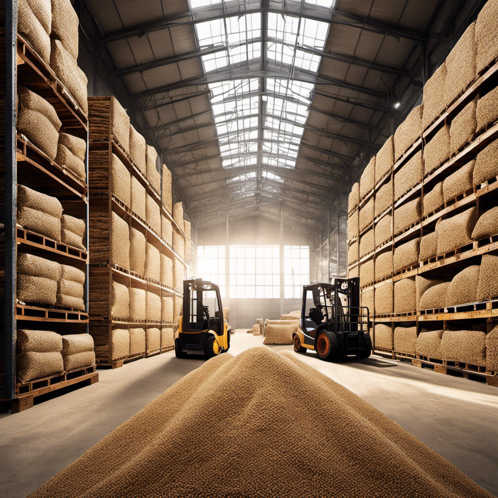 An image showcasing a bustling warehouse filled with neatly stacked bags of wood pellets, as forklifts transport them onto trucks