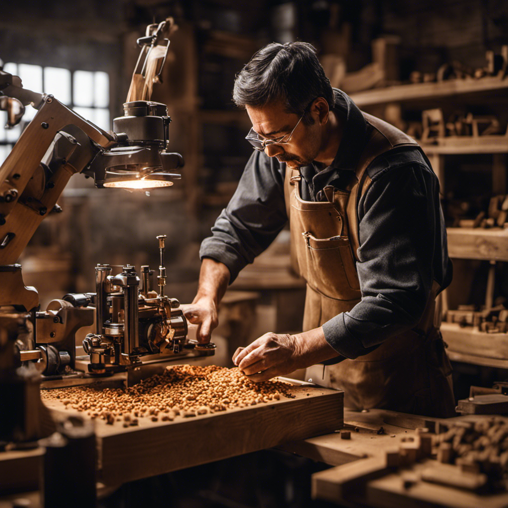 An image showing a skilled craftsman in a well-lit workshop, surrounded by a collection of various wooden components, diligently assembling a wood pellet machine with precision tools and machinery