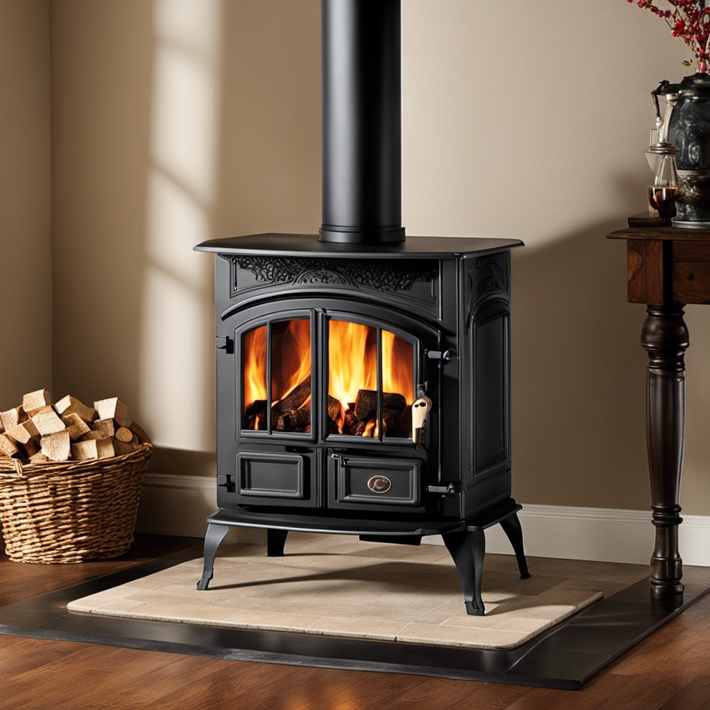 An image showcasing a traditional wood-burning stove with a clear view of the firebox