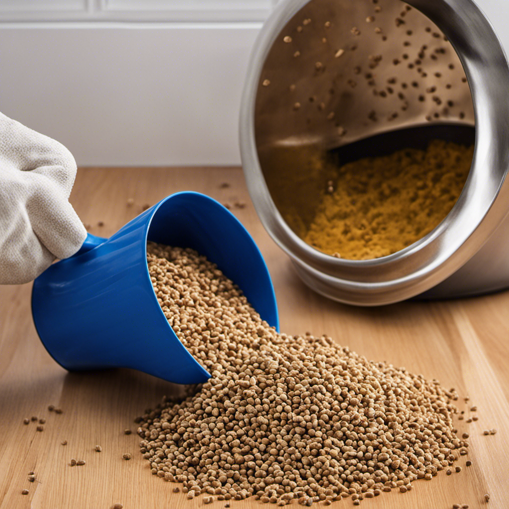 An image showcasing the step-by-step process of cleaning wood pellet litter: a sturdy litter scoop sifting through the pellets, a gloved hand pouring water to dissolve clumps, and a clean litter box with fresh pellets
