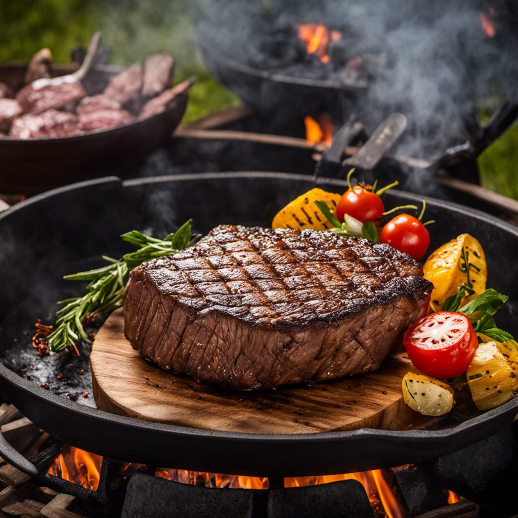 An image showcasing a juicy, perfectly seared steak sizzling on a wood pellet grill