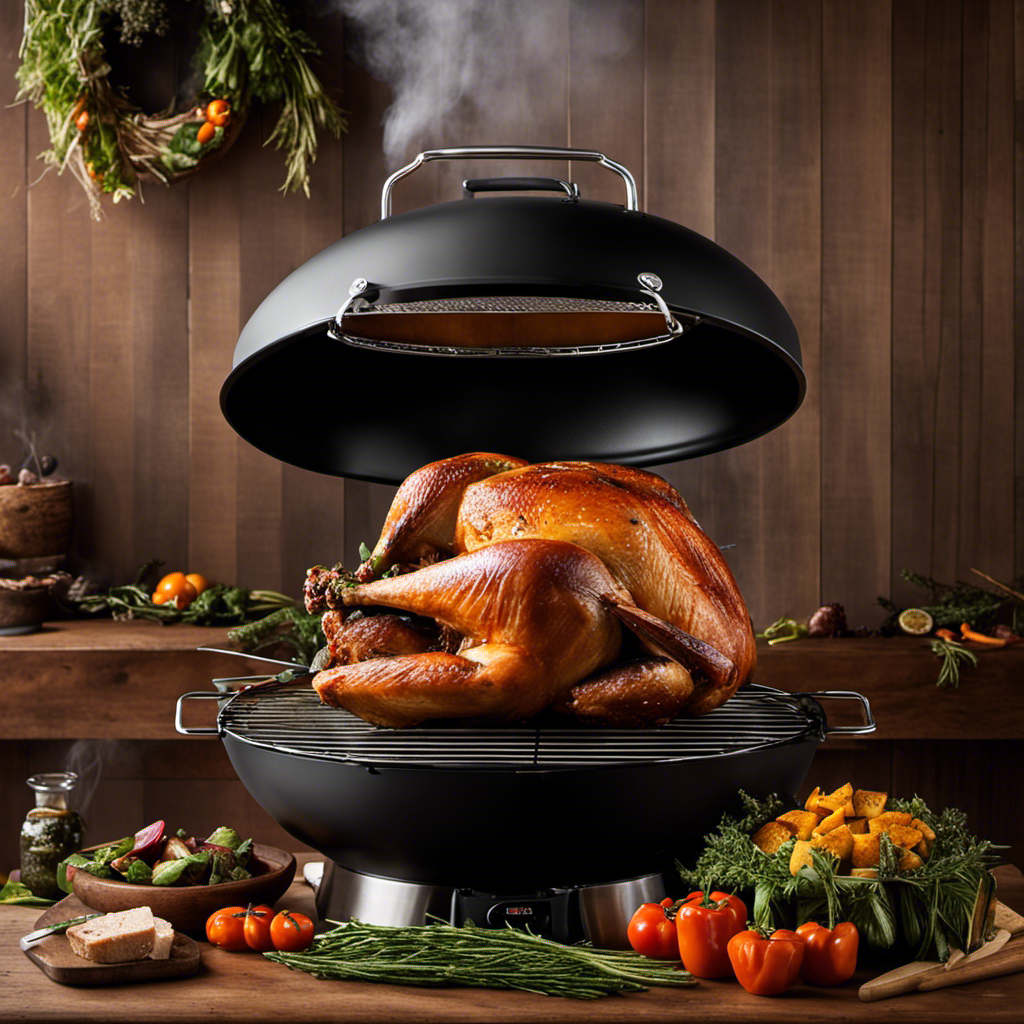 An image capturing the golden-brown turkey roasting on a wood pellet grill, smoke swirling around it