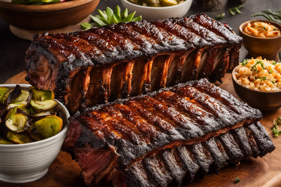 An image showcasing a succulent rack of ribs perfectly charred on a wood pellet grill