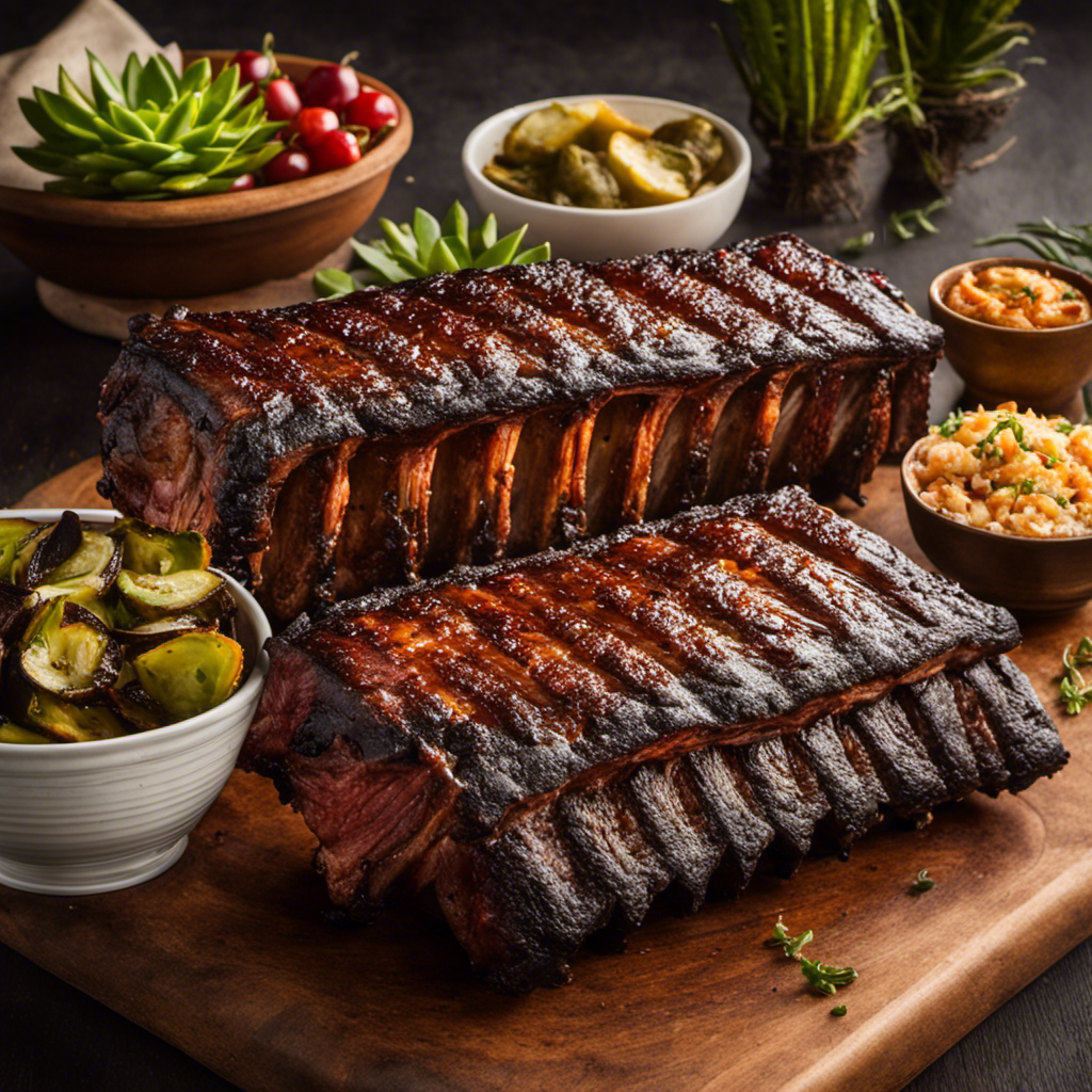 An image showcasing a succulent rack of ribs perfectly charred on a wood pellet grill