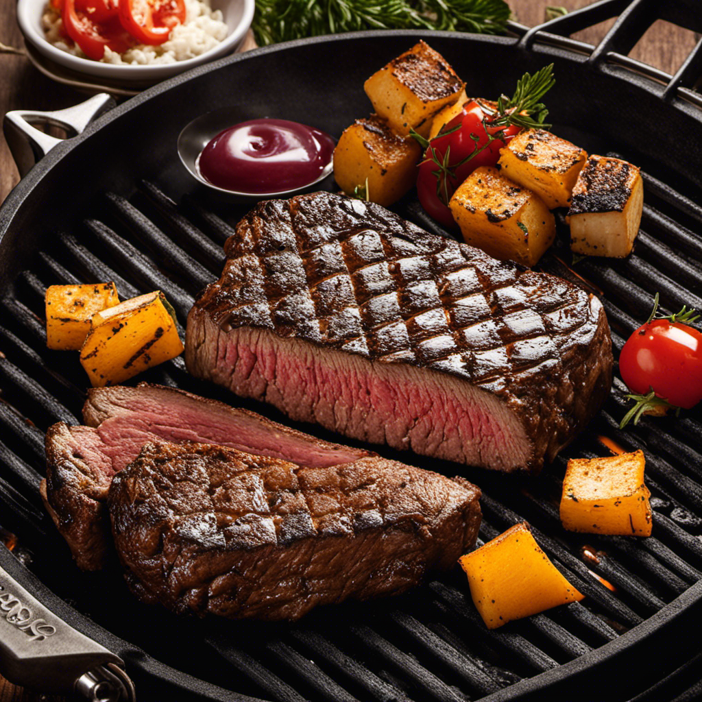 An image capturing the sizzling steak on a wood pellet grill, with charred grill marks, surrounded by a flavorful smoke, while the meat cooks to perfection, exuding a mouthwatering aroma