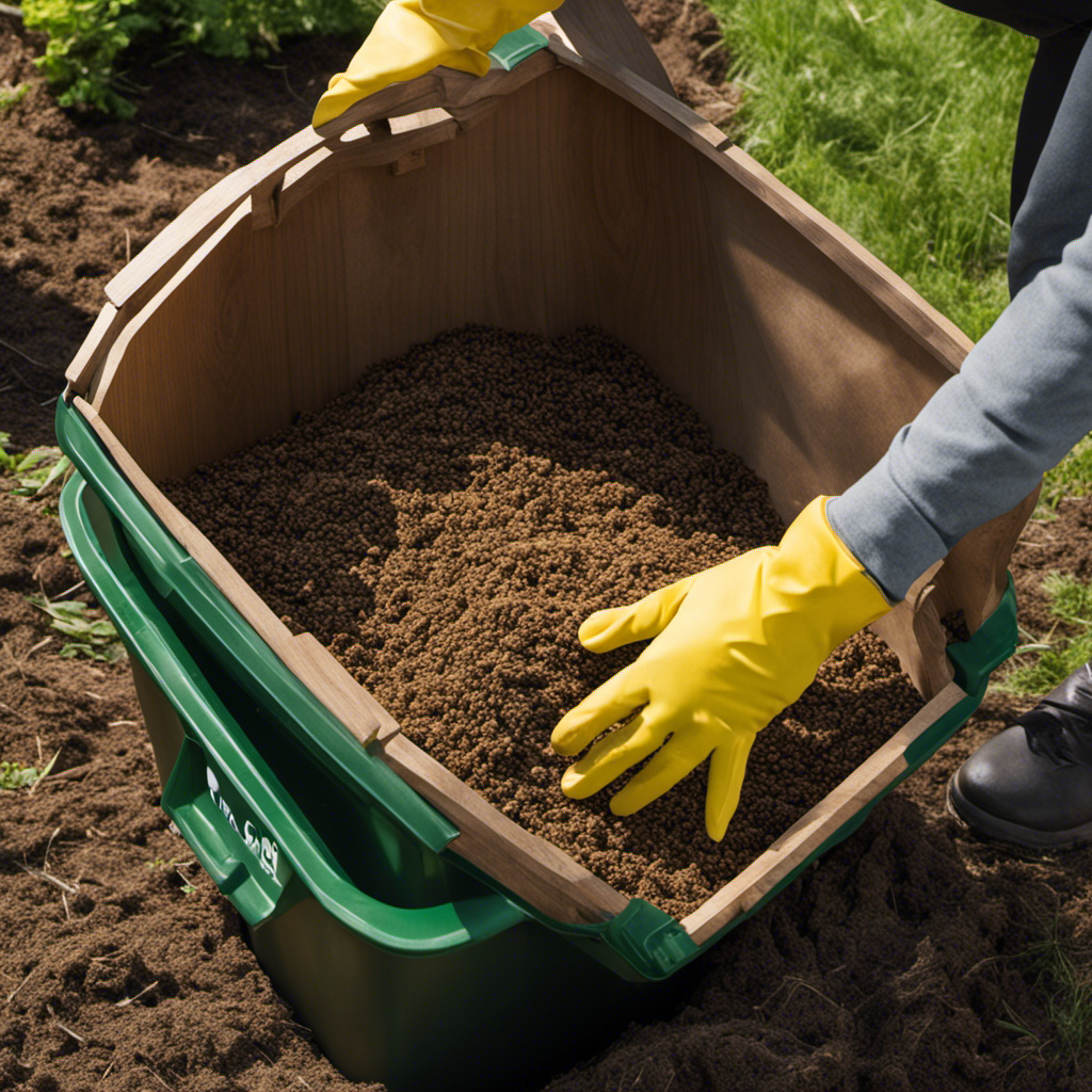 An image featuring a person wearing gloves, carefully scooping used wood pellet cat litter into a compost bin