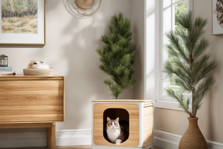An image capturing a serene, sunlit room adorned with a sleek cat litter box filled with soft, natural wood pellet litter