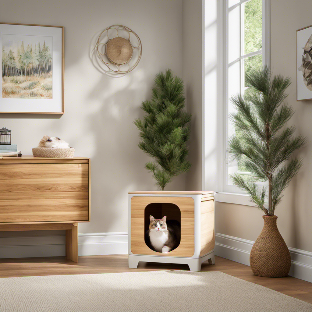 An image capturing a serene, sunlit room adorned with a sleek cat litter box filled with soft, natural wood pellet litter