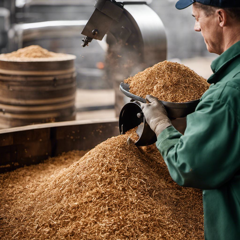 An image showcasing the step-by-step process of grinding wood pellets: a worker feeding logs into a powerful shredder, the shredded wood chips being compressed into small cylinders, and the final result - neat piles of finely ground wood pellets ready for use