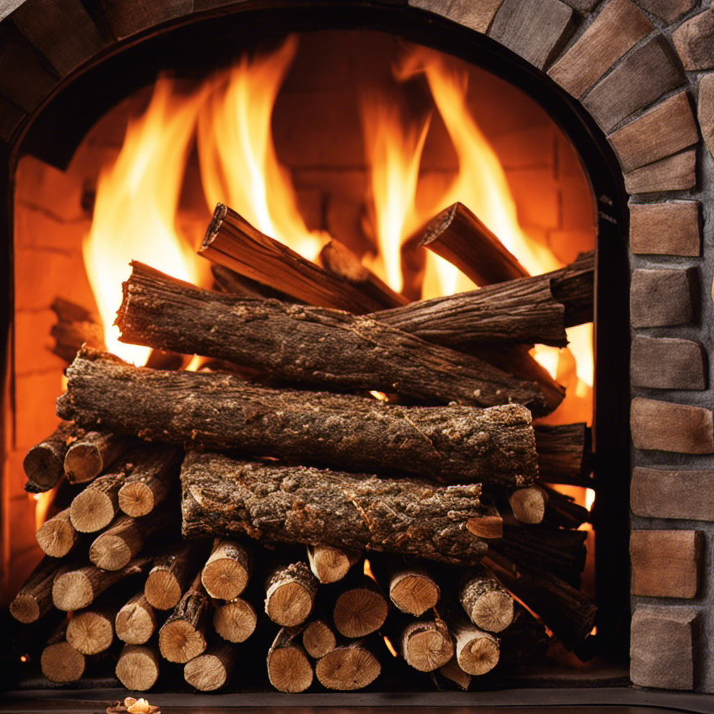 An image showcasing a pair of gloved hands gently cradling a bundle of dry kindling, positioned meticulously within the wood pellet stove's firebox