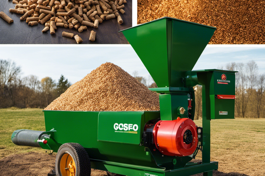 An image showcasing the step-by-step process of making wood pellet fuel: a person chopping logs, feeding them into a wood chipper, collecting the wood chips, compressing them into pellets, and finally packaging the finished product