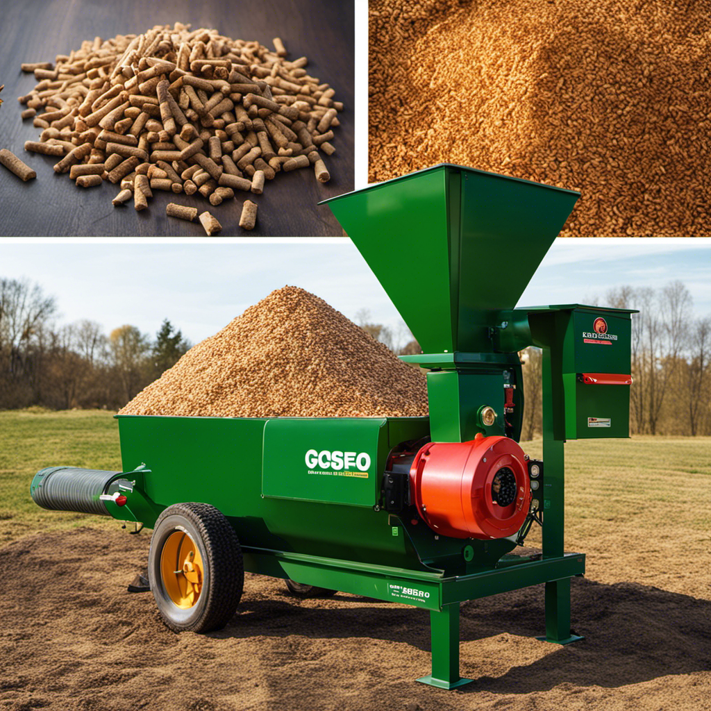 An image showcasing the step-by-step process of making wood pellet fuel: a person chopping logs, feeding them into a wood chipper, collecting the wood chips, compressing them into pellets, and finally packaging the finished product