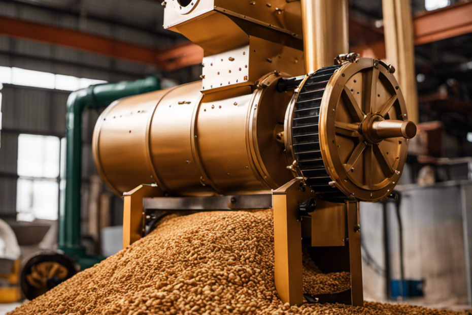 An image showcasing the step-by-step process of constructing a wood pellet mill: a sturdy metal frame, a rotating drum with precision-cut holes, a conveyor belt feeding sawdust, and compressed pellets emerging from the machine