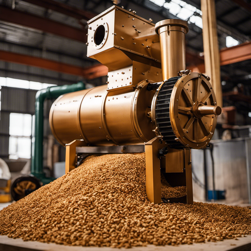 An image showcasing the step-by-step process of constructing a wood pellet mill: a sturdy metal frame, a rotating drum with precision-cut holes, a conveyor belt feeding sawdust, and compressed pellets emerging from the machine