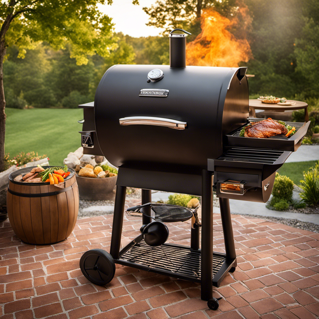 An image showcasing a wood pellet grill in action, with a perfectly smoked turkey resting on the grill grates