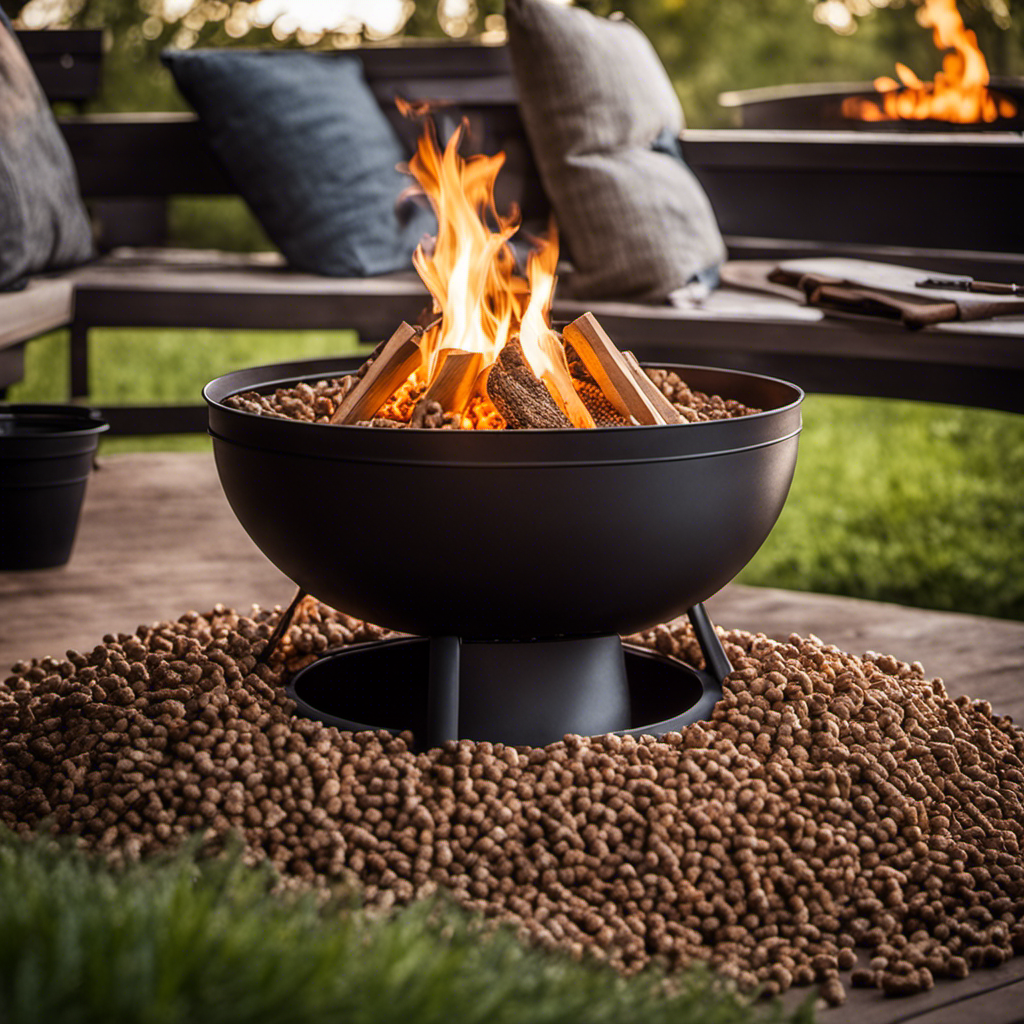 An image that captures the process of starting a wood pellet fire pit: a hand holding a bag of wood pellets, pouring them into the pit, igniting a flame, and smoke rising against a backdrop of a cozy outdoor setting