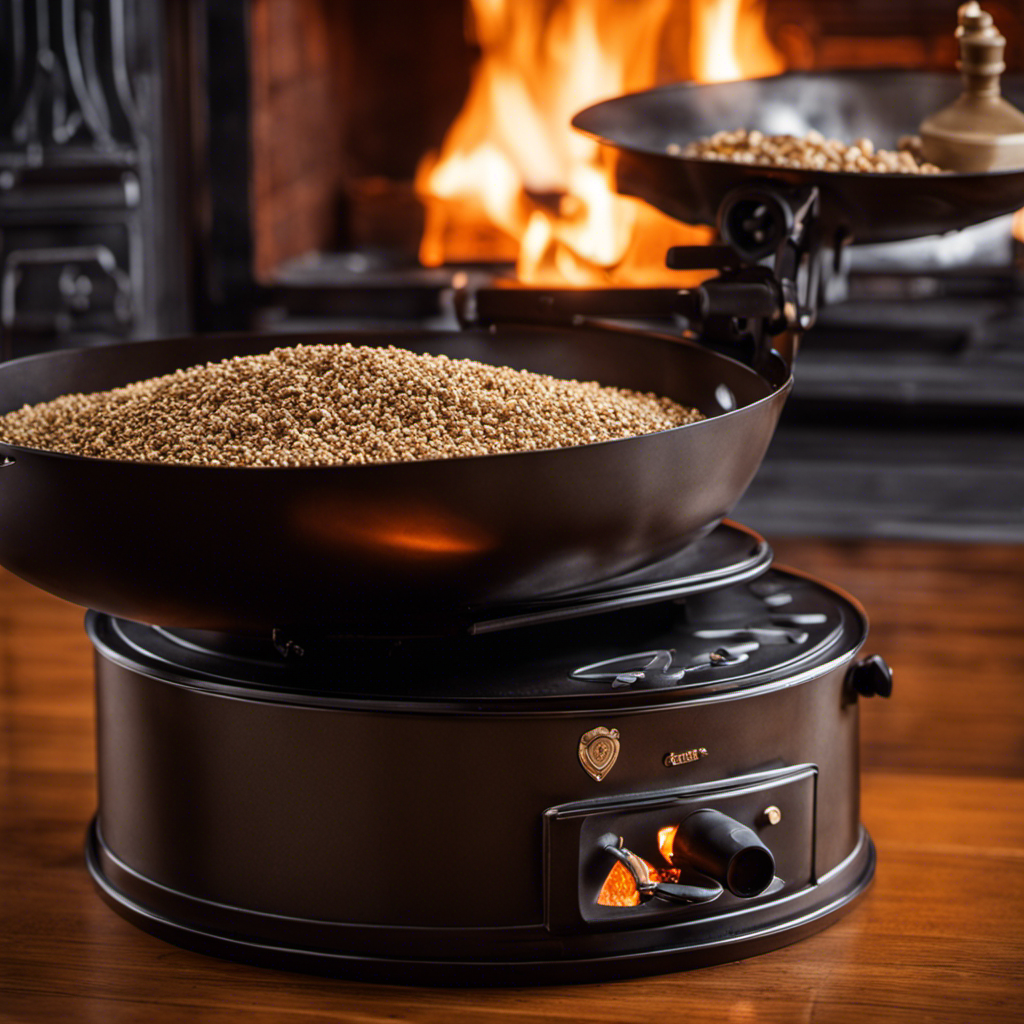 An image showcasing a close-up view of a hand firmly holding a bag of wood pellets, as it pours the pellets into the stove's hopper